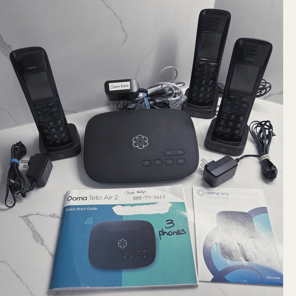 Ooma Telo Air 2 VoIP System Three Ooma HD3 Handsets Ooma Linx Wireless Adapter